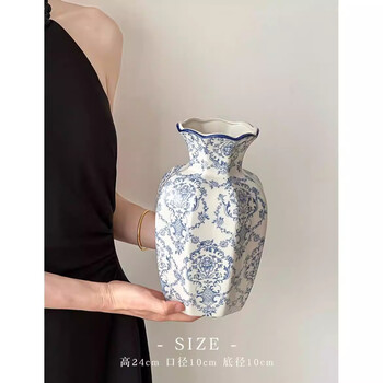 New chinese style flowers high-end blue and white porcelain vase living room octagonal vase home decoration hydroponic flower arrangement internet celebrity vase a lan zhichun (can be grown in water - large size) 24cm