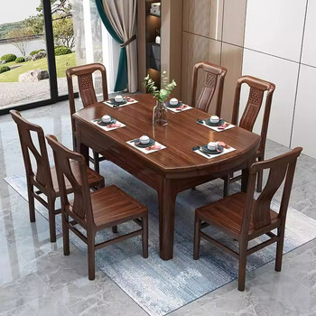 Mingwuju black gold wood dining table and chair combination solid wood new chinese style small apartment retractable square table to round dual-purpose household dining table dining table + 6 dining chairs (black gold wood) 150cm