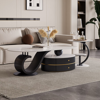 Verdanton italian light luxury style slate coffee table for living room new minimalist home small apartment creative designer high-end tea table black feet + snow mountain white glossy surface coffee table + side table 120*60*48