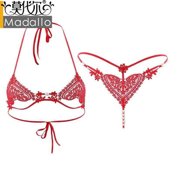 Modal underwear women's bra set three-point bikini embroidered low-waisted heart-shaped sexy embroidered lace-up hollow love red (lace-up bra + beaded thong) one size fits all (80-120 pounds)