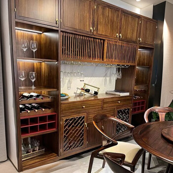 Wen yijia new chinese restaurant and bar integrated table solid wood island table retractable restaurant cabinet household slate dining table multi-functional wine cabinet length 180*45*210 ebony wood