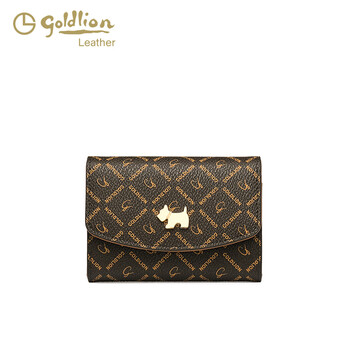 Goldlion 2025 hot women's bag fashion printed wallet women's short cute puppy card holder multi-card slot wallet trendy dark brown