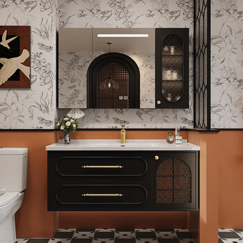 Sibai french retro bathroom cabinet 2025 new middle ages bathroom ceramic integrated washbasin washbasin oak customized smart mirror cabinet 0.9 meter