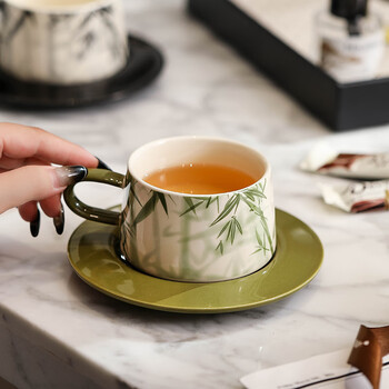 Timeless retro bamboo shadow ceramic coffee cup high-end, exquisite, luxurious and high-looking underglaze colored afternoon tea cup and saucer bamboo shadow coffee cup and saucer - green 1 piece 260ml