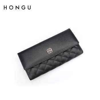 Honggu new wallet women's long korean style simple wallet three-fold multifunctional wallet small handbag clutch black (long style)