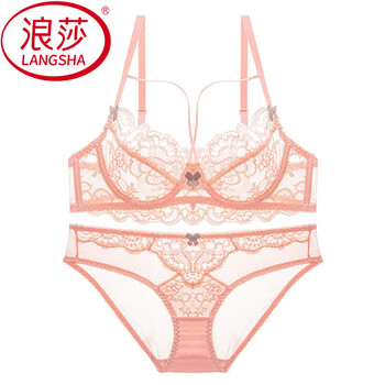 Langsha purple lace underwear set women's sexy pure desire bra large size transparent bra straps pink (set) 75b 34/m