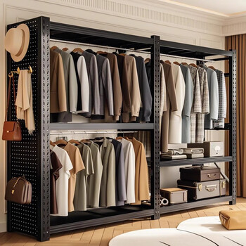 Yuxinxu shelf wardrobe home bedroom simple assembly metal steel wardrobe floor-standing clothes storage rack for rental housing four-layer main rack free front curtain + clothes hanging rod*1 length 200* width 60* height 200cm