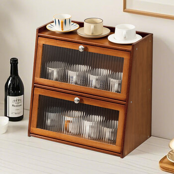 Old bamboo craftsman household water cup holder desktop storage shelf dining table countertop tea cup coffee cup storage cup multi-layer brown two-layer