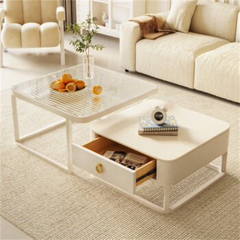 Cream style coffee table living room home simple light luxury modern slate small apartment retractable coffee table internet celebrity combination 70 changhong glass + 60 pure white + cream white frame