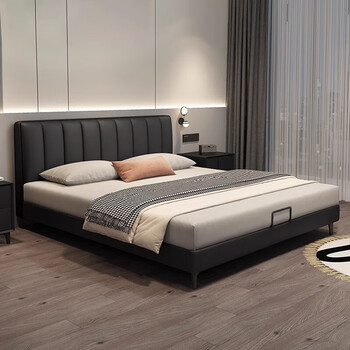 Huangbaoni leather bed master bedroom modern and simple 1.8 double black soft bag light luxury 1.5 meters italian minimalist thin bedside bed first layer cowhide bed 1.5*2 meters frame bed 15cm steel wood bed board