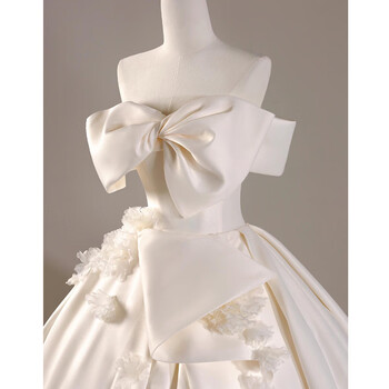 Seasonal petite wedding dress one-shoulder satin bride 2025 new texture large tail fugitive princess french main yarn white floor-length wedding dress (plus three-piece set) 2xl