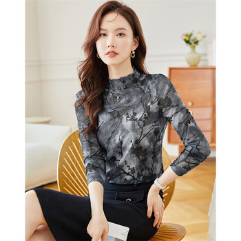 Shangjing bottoming shirt for women autumn and autumn new women's ink chinese style print fashion versatile slimming inner top for women