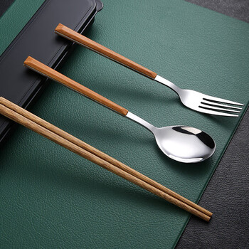 Ruolin chopsticks and spoon set, one person, one chopstick, portable tableware, student storage box, fork, single wooden chopsticks three-piece set, silver 4-piece set (chopsticks + spoon + fork + cutlery box) + portable bag