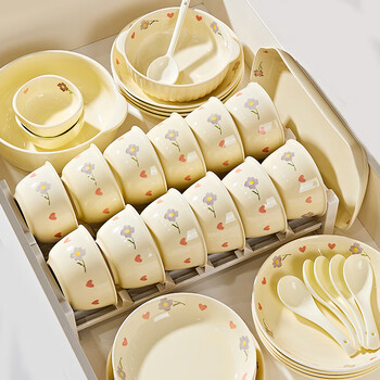 Porcelain gift wanjia bowl set bowls and plates tableware complete set cream style ceramic bowls and chopsticks combination high-end new housewarming 45 gift box