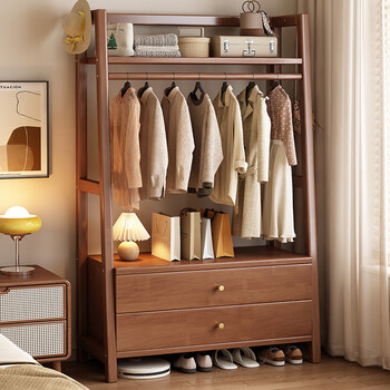 Fangjing solid wood clothes hanger with drawer coat rack floor-standing bedroom bedside table storage rack integrated household clothes storage rack walnut color # imported rubber wood without veneer 80cm*40cm*170cm
