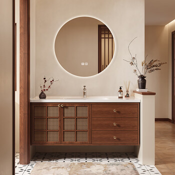 Sibai 2025 new style antique rattan bathroom cabinet combination ceramic integrated basin bathroom washbasin washbasin oak solid color smart round mirror 0.8 meters