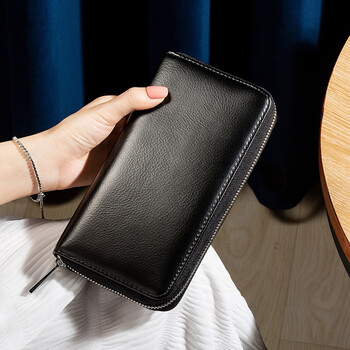 Sephoron pure cowhide long wallet 36 card slots large capacity anti-degaussing card holder unisex genuine leather clutch for mobile phone black