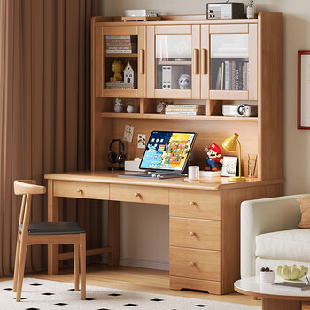 Grubi solid wood desk bookshelf integrated home desk study living room study table bedroom small apartment student computer desk solid wood color #desk + bookshelf imported rubber wood no veneer 120cm*60cm*75cm