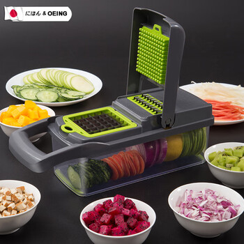 Oeing japanese multifunctional vegetable cutting artifact household potato shredding dicing device kitchen shredded radish grater cutting upgraded blue (6 blades) hand guard + drain basket