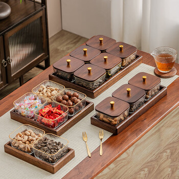 Yunya walnut light luxury fruit plate, high-end snack nut plate, divided solid wood dried fruit plate, coffee table, snack candy plate, six-lattice hammered gold-rimmed fruit plate + walnut lid + base 1 set