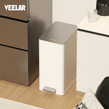 Veelar trash can for home kitchen, living room and bathroom with cover, simple, high-looking, narrow slit, silent, slow down, large capacity, 12l-cream white basic model