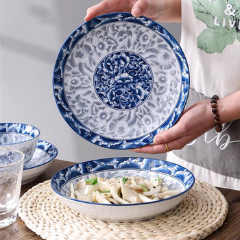 Huaqingge blue and white porcelain 8-inch plate home dining plate tang-style ceramic plate 2-piece underglaze color tableware set