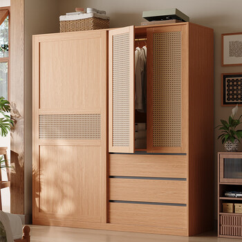 Decoration style houseware log style wardrobe bedroom finished product mid-century style rattan sliding door finished small apartment storage wardrobe cabinet 1.6m wardrobe + side cabinet