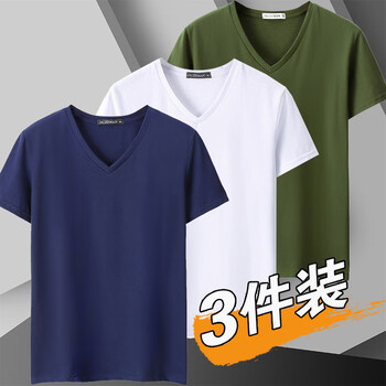 Fat donglai combed cotton v-neck men's short-sleeved t-shirt summer sweetheart collar solid color top simple versatile sweatshirt men's t-shirt with the same style navy + white + army green 5xl recommended 190-215 catties