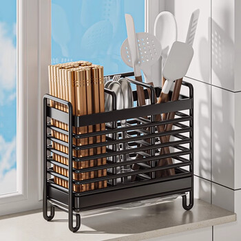 Mingzhi yifan chopstick storage box chopstick tube storage rack wall-mounted home punch-free chopstick cage drain rack knife and fork spoon rack chopstick rack black (two grids) floor-standing