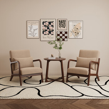 Ouoety hotel b&b nordic solid wood negotiation single sofa chair small apartment fabric leisure living room balcony bedroom chair khaki cotton linen walnut (single*2+v leg round table)