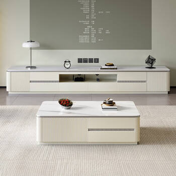 2025 new cream style all solid wood coffee table tv cabinet combination slate simple living room storage floor cabinet home snow mountain white slate beige cabinet 1.3m coffee table + 2.2m tv cabinet-buffer track