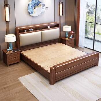 Mai yayue walnut new chinese style mortise and tenon bed 1.8 meters soft-packed double bed economical simple modern furniture storage bed walnut bed + environmentally friendly brown mat + 2 cabinets 1800*2000mm mortise and tenon style