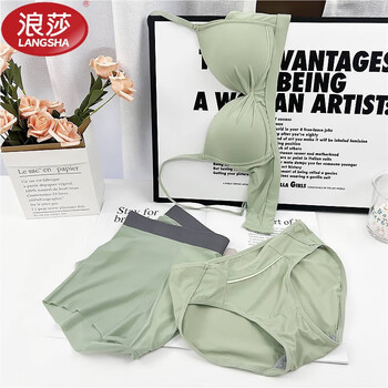 Langsha (langsha) couple underwear three-piece set for one man and one woman pure lust style underwear for women without steel rims lace sexy bra couple underwear 4379 green (male ice silk) 80a female 36b + male l
