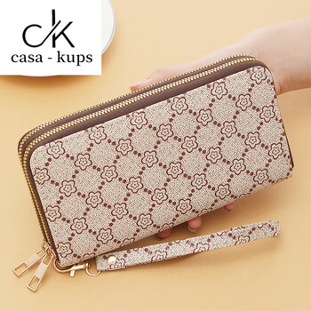 Casa-kupsck genuine leather wallet for women 2025 chinese valentine's day european and american fashion large capacity double zipper mobile phone bag printed wrist clutch small flower double zipper apricot color