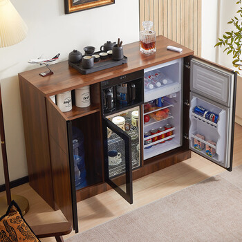 Chinese solid wood tea bar machine refrigerator integrated multi-function 2025 new home office tea cabinet sideboard dark brown hot and cold three-door refrigeration
