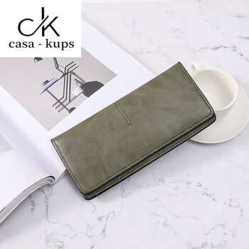 Casa-kupsck genuine leather wallet women's long solid color simple feel thin wallet multi-card slot anti-degaussing retro new style handheld green
