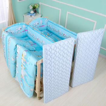 Movable twin crib spliced large bedside bed solid wood baby bb double newborn children's bed multi-functional twin bed + tent + bedding + 2 quilts + brown