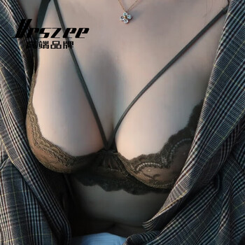 Vrszee high-end brand underwear women's ultra-thin sexy lace pure lust temptation bra set push-up underwear bikini green set 70b