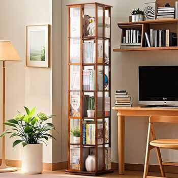 Old bamboo craftsman floor-standing children's 360-degree rotating bookshelf simple storage student bookcase living room display rack storage rack storage