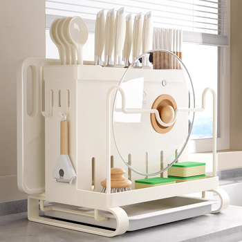 Kitchen knife rack kitchen storage rack countertop multifunctional kitchen knife chopping board pot cover integrated storage rack chopping board knife chopstick cage light luxury white double-barrel countertop chopping board rack rag rack
