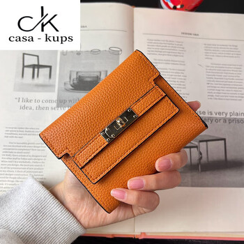 Casa-kupsck genuine leather small wallet popular ins women's short style simple korean version multi-card slot student folding buckle orange
