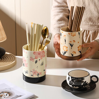 Sheri japanese-style high-looking chopstick tube tableware storage box chopstick tube chopstick cage household ceramic drain chopsticks and spoons storage shelf beige cherry blossom style - ceramic base drainable | with base