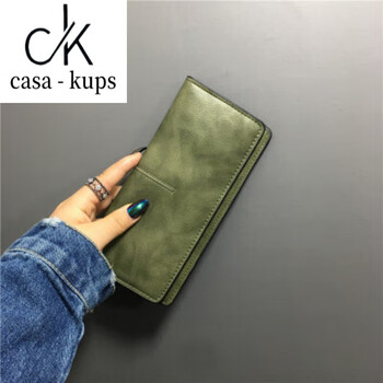 Casa-kups genuine leather wallet women's long 2025 new japanese and korean simple ultra-thin wallet fashion retro solid color buckle long card holder dark green ready for delivery in seconds