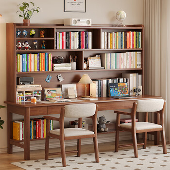 Huixun solid wood double desk bookshelf integrated table home children's study table living room simple computer table student writing desk walnut color # desk 180cm*60cm*80cm total height 190cm