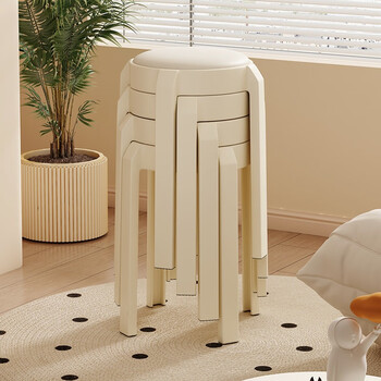 Natural element soft seat plastic stool stackable thickened dining chair internet celebrity dining table stool living room cream style round stool high stool white-6 pieces