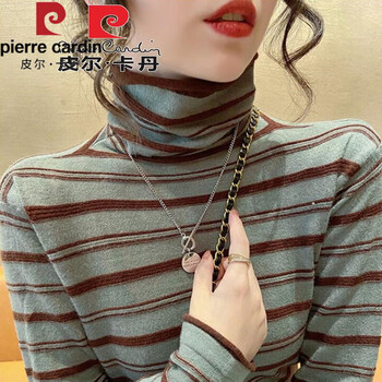 Pierre cardin striped bottoming shirt for women in autumn and winter, new style, versatile t-shirt for women, long-sleeved pile collar top, green l, recommended 90-105 catties