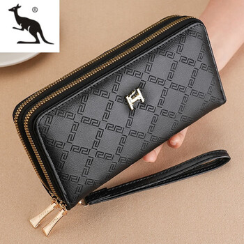 Kuqi kangaroo brand women's wallet long double zipper mobile phone bag student wallet large capacity clutch bag soft coin purse black