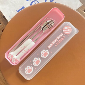 Meikejie spoon ins high-looking fork and chopsticks set cute cartoon cat paw student portable tableware storage box for work dudu cat paw three-piece set silver white powder
