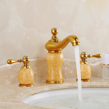 Full copper european jade basin hot and cold water faucet bathroom cabinet split three-hole double handle gold wash basin faucet a1 gold-topaz