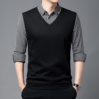 Lilang long-sleeved t-shirt winter style plus velvet fake two-piece sweater middle-aged dad striped shirt collar pure cotton bottoming shirt gray xxs 165/m/48